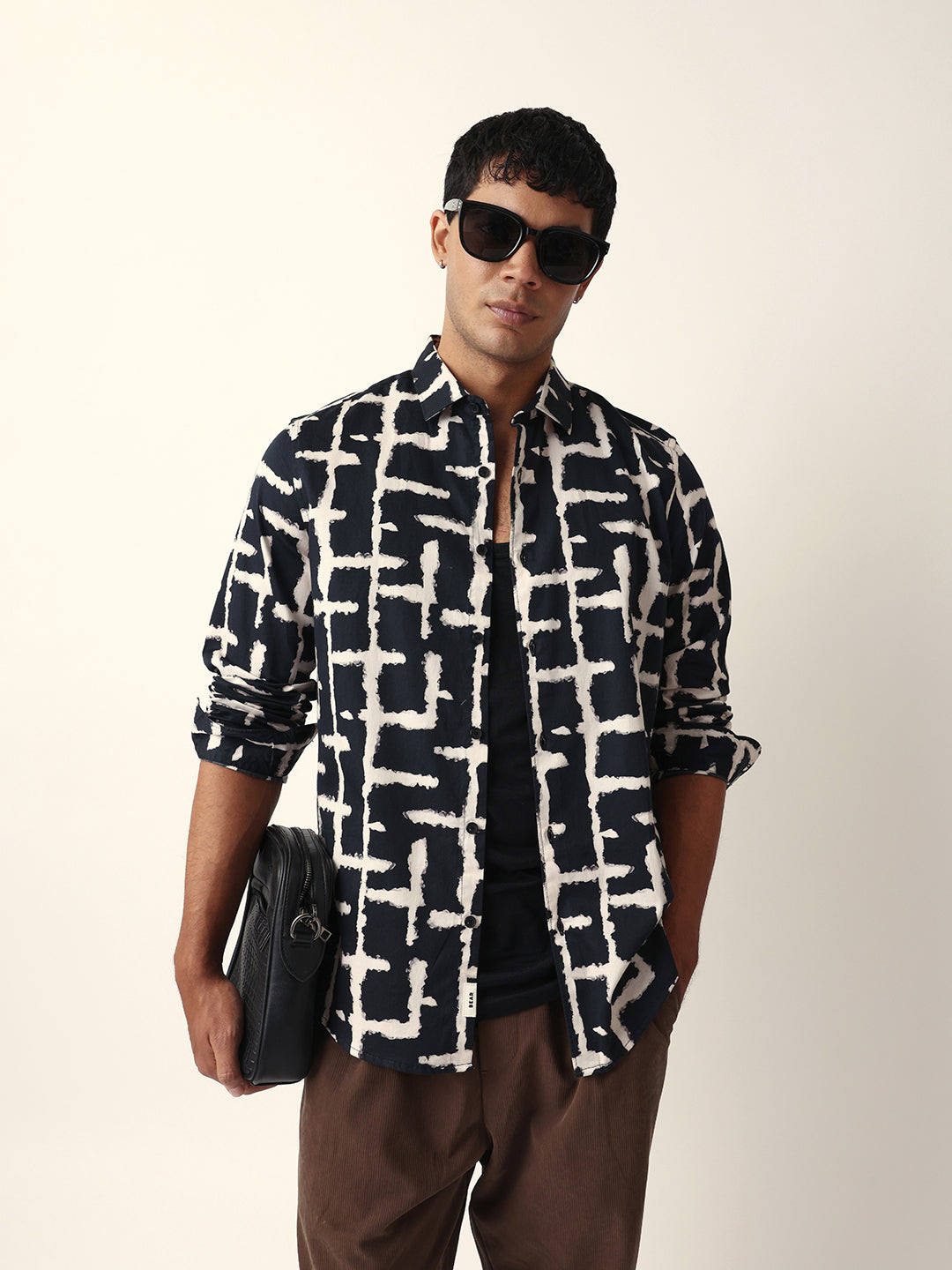 Black with Cream Brush-Stroke Grid Print Slim Fit Casual Shirt