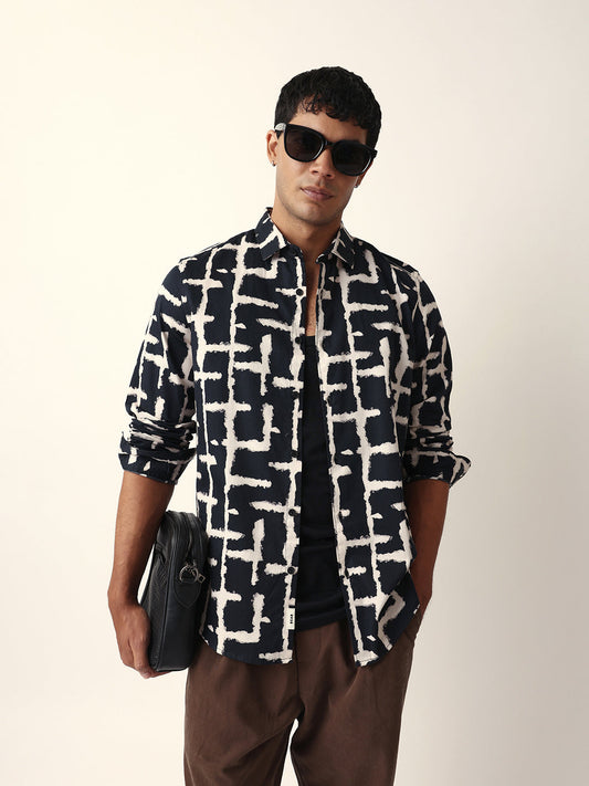 Black with Cream Brush-Stroke Grid Print Slim Fit Casual Shirt