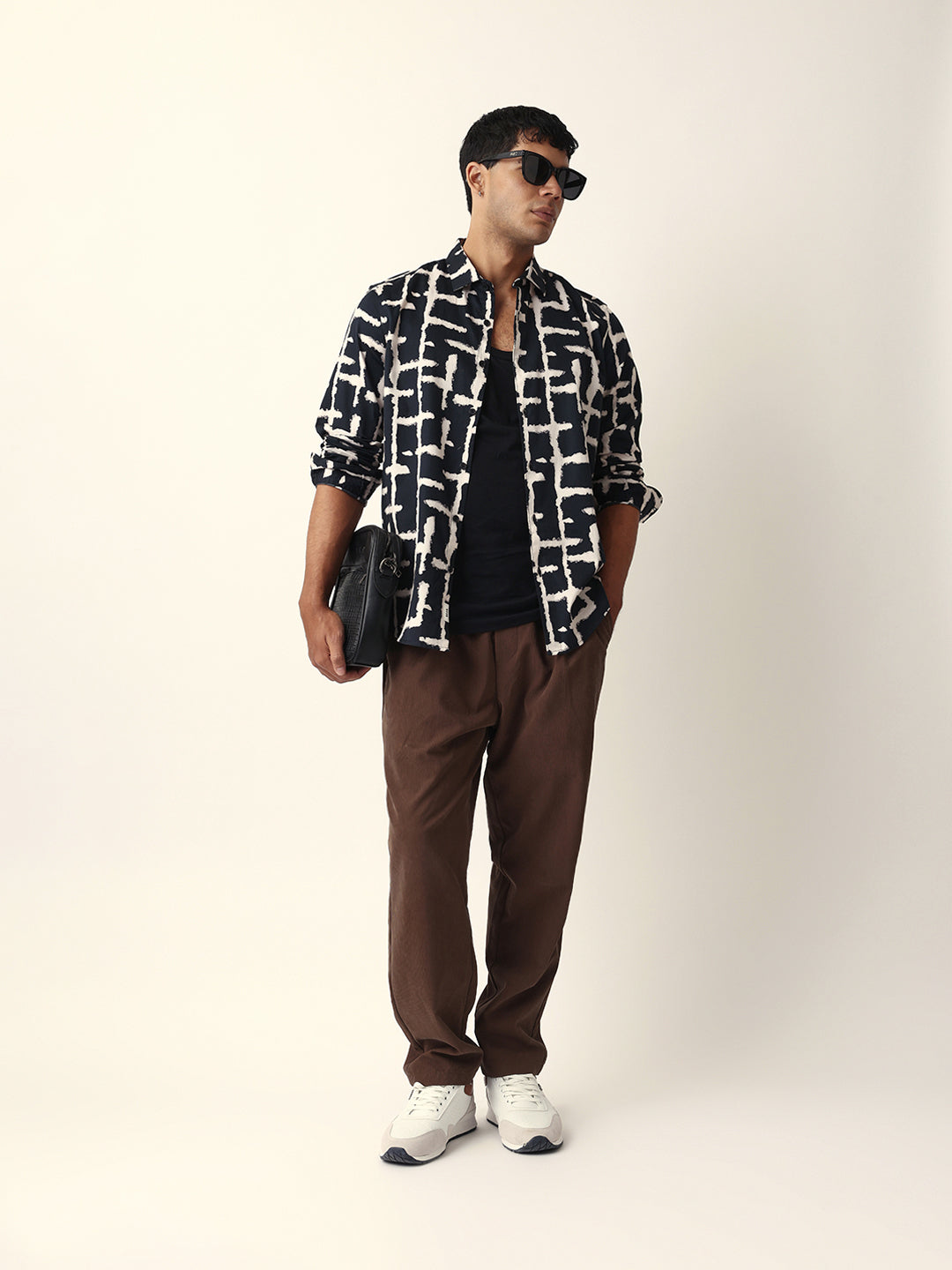Black with Cream Brush-Stroke Grid Print Slim Fit Casual Shirt