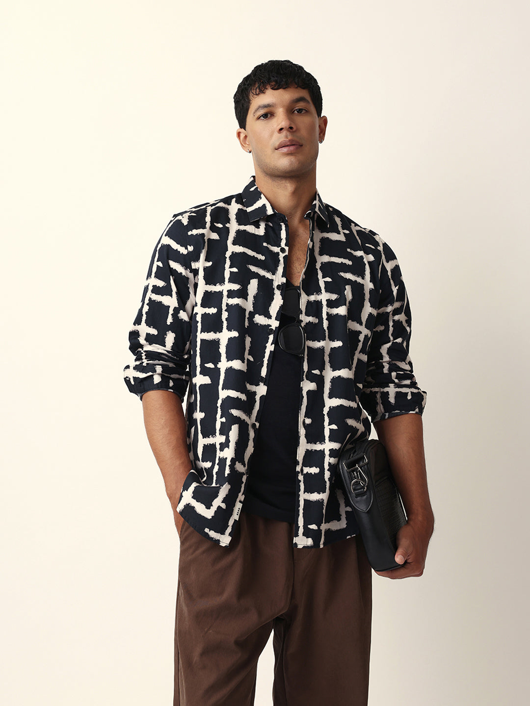 Black with Cream Brush-Stroke Grid Print Slim Fit Casual Shirt