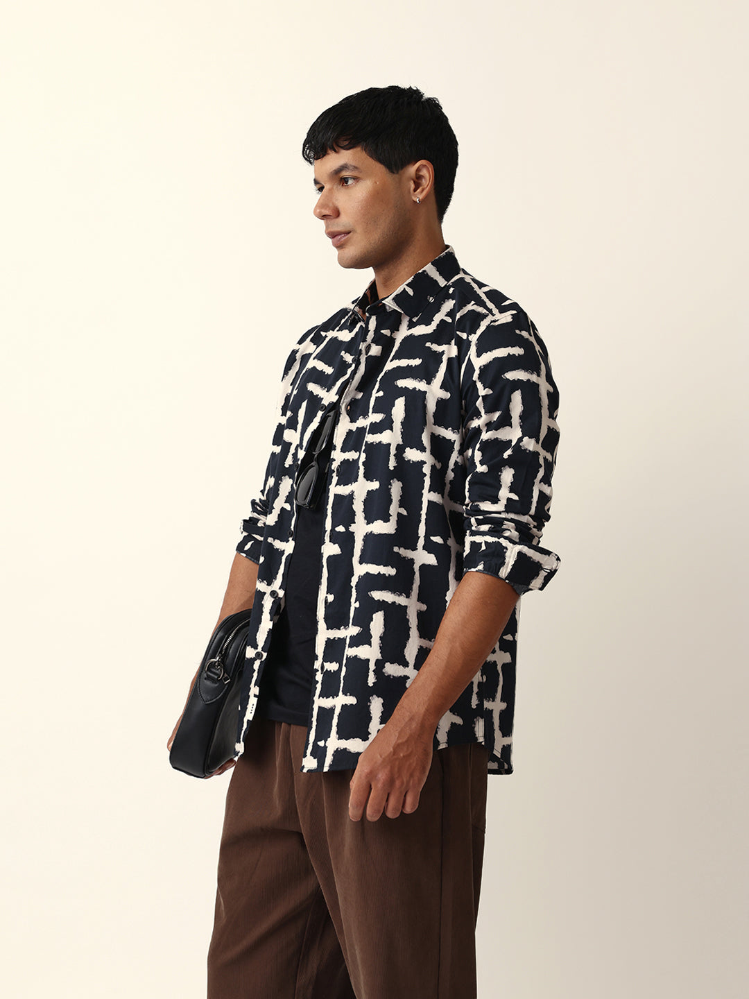 Black with Cream Brush-Stroke Grid Print Slim Fit Casual Shirt