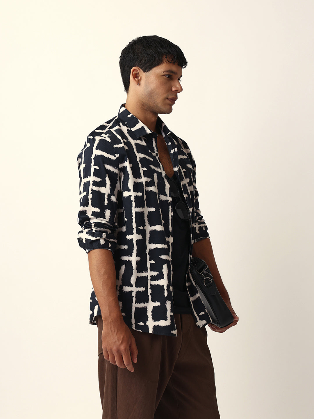 Black with Cream Brush-Stroke Grid Print Slim Fit Casual Shirt