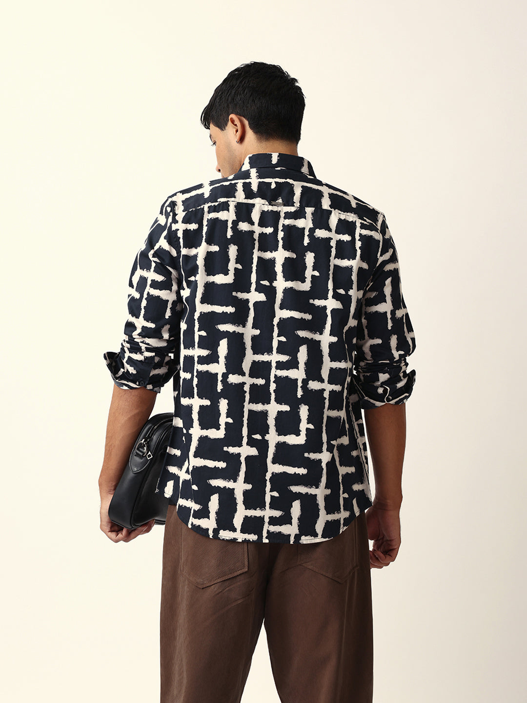 Black with Cream Brush-Stroke Grid Print Slim Fit Casual Shirt