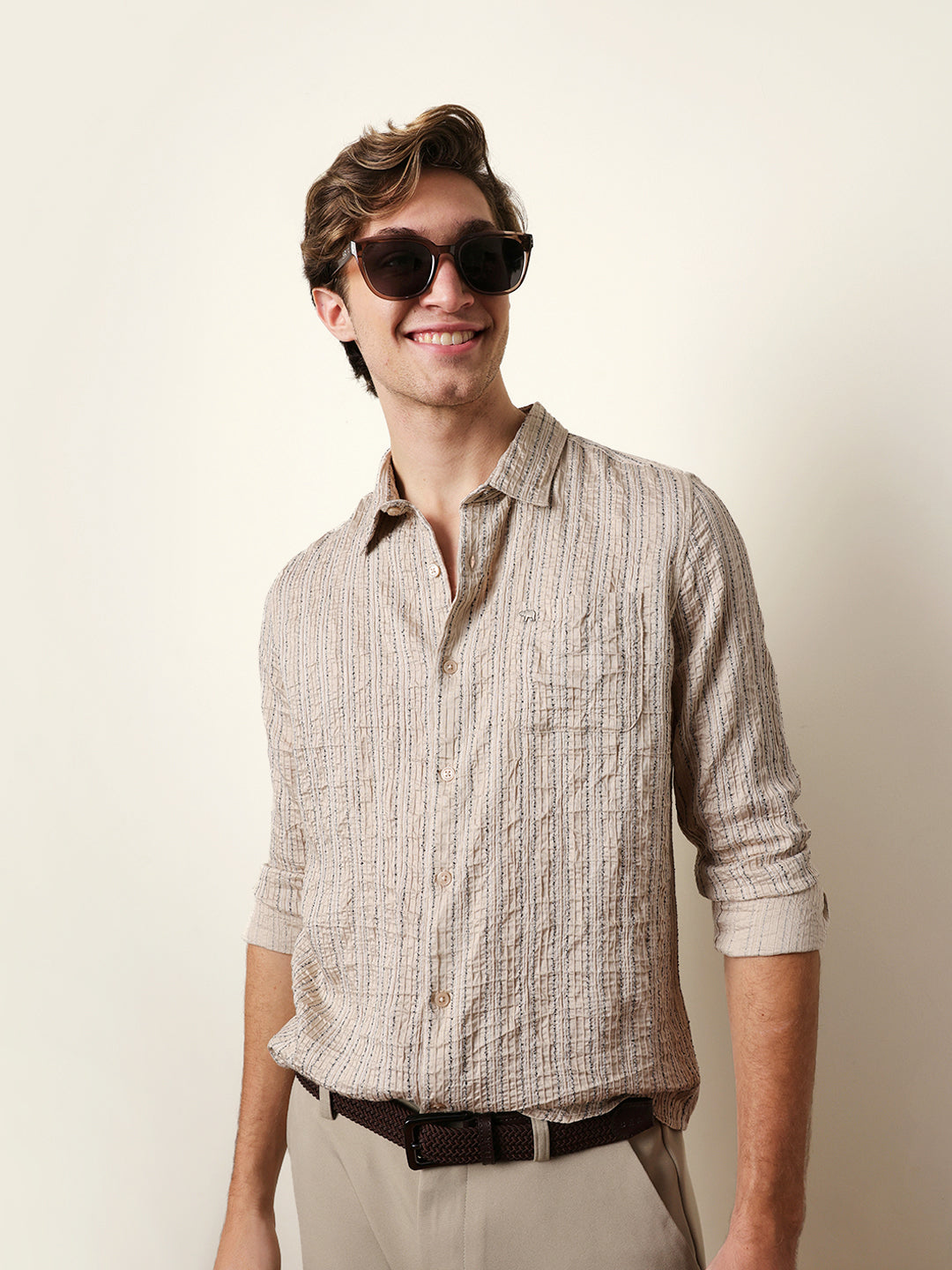 Cream Vertical Seersucker Pinstripe Slim Fit Casual Shirt