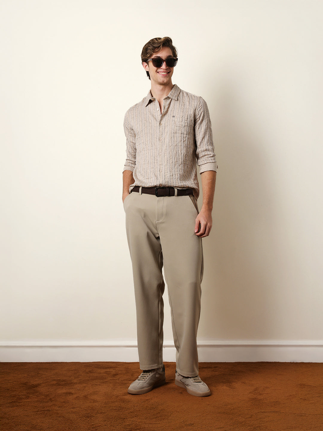 Cream Vertical Seersucker Pinstripe Slim Fit Casual Shirt