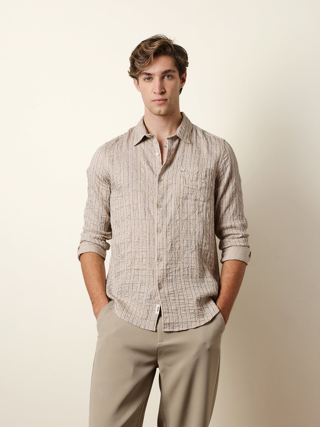 Cream Vertical Seersucker Pinstripe Slim Fit Casual Shirt