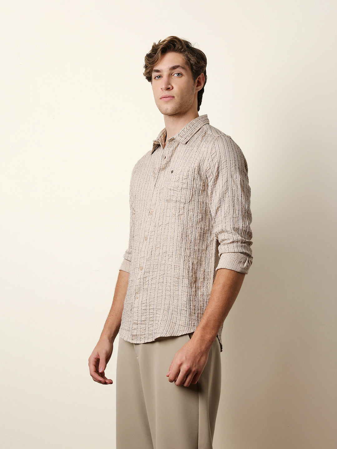 Cream Vertical Seersucker Pinstripe Slim Fit Casual Shirt