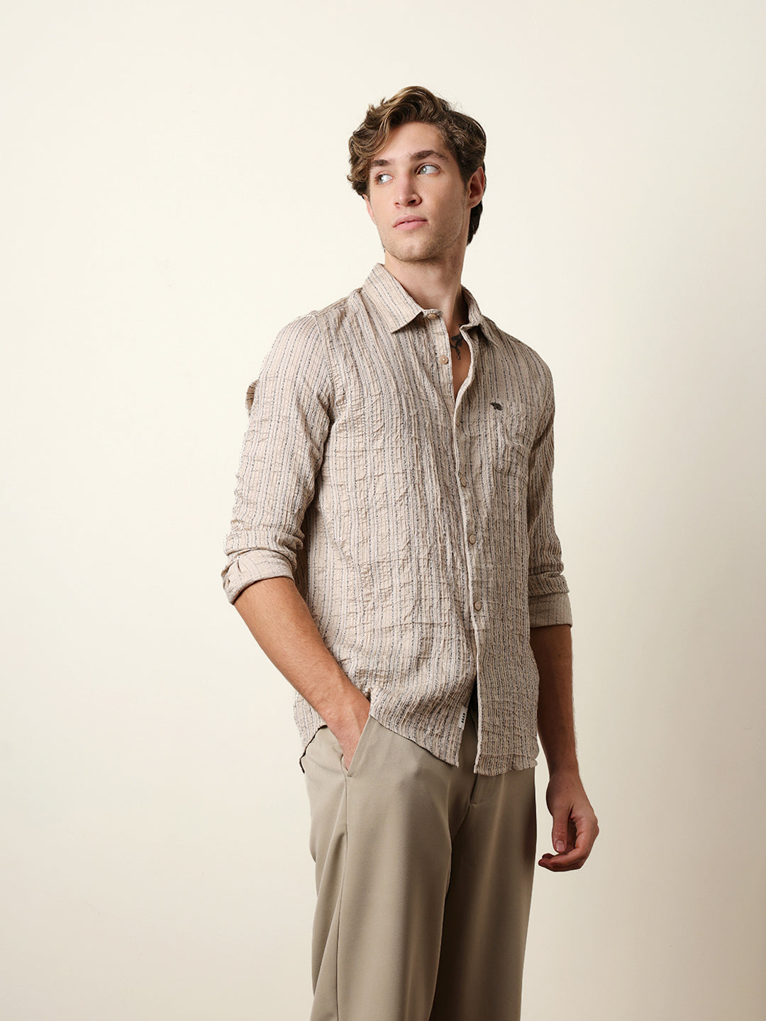 Cream Vertical Seersucker Pinstripe Slim Fit Casual Shirt