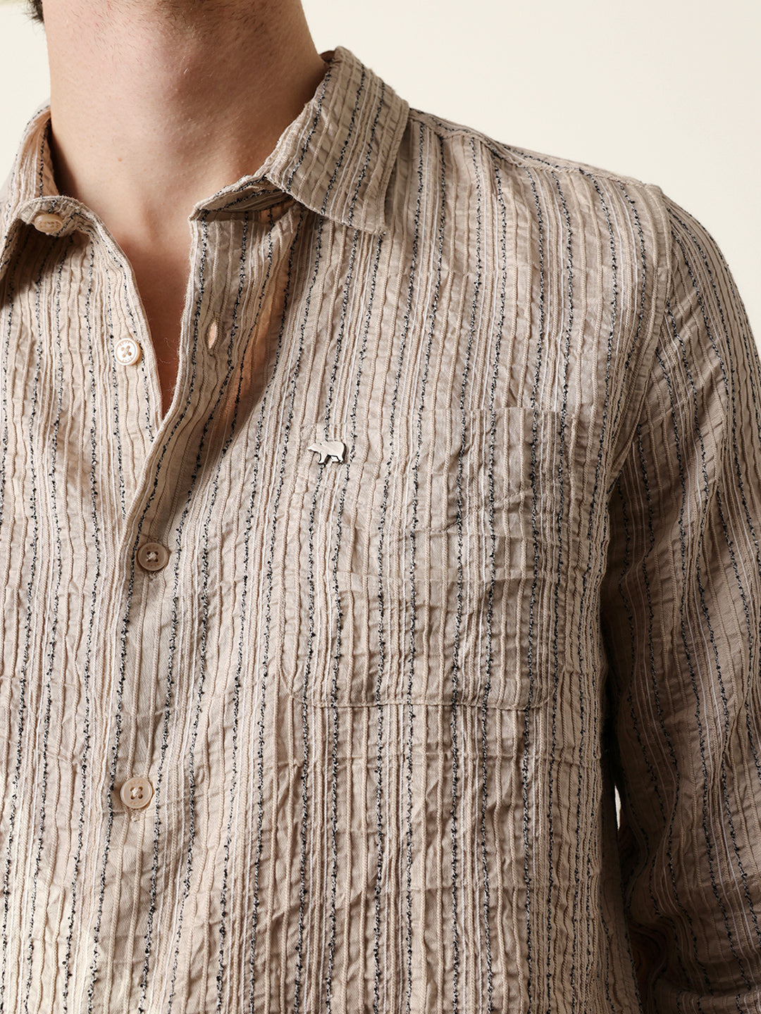 Cream Vertical Seersucker Pinstripe Slim Fit Casual Shirt