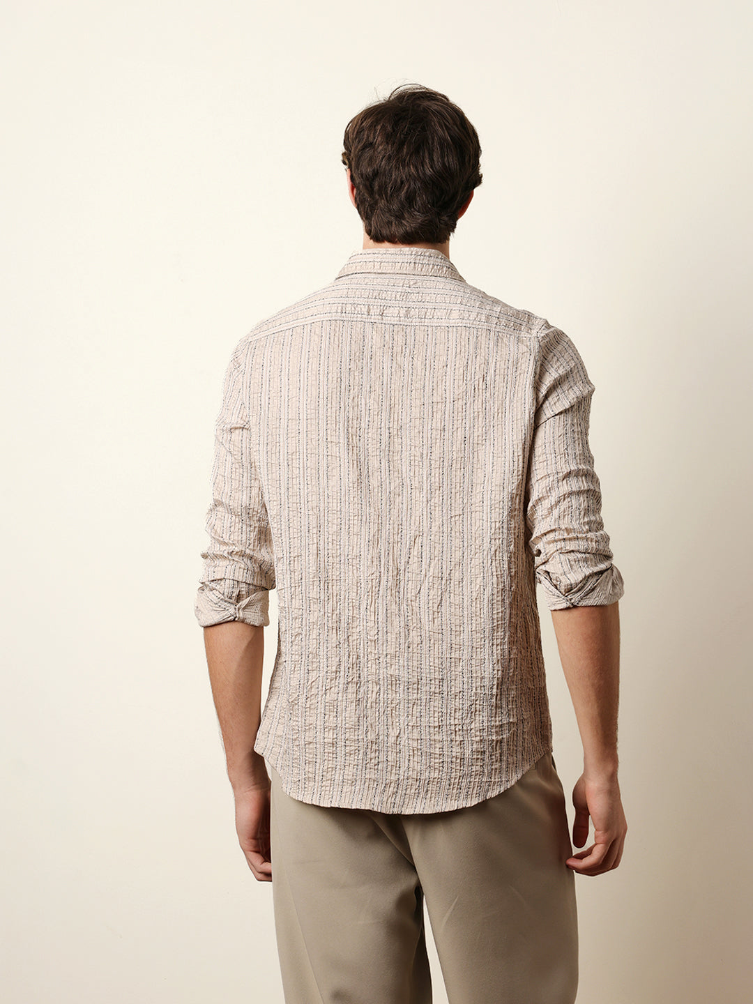 Cream Vertical Seersucker Pinstripe Slim Fit Casual Shirt