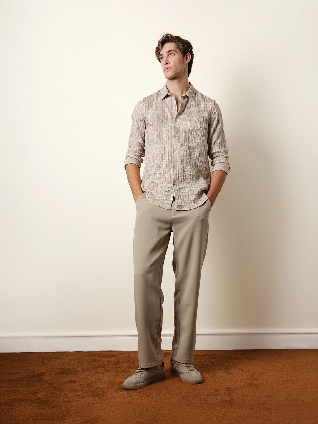 Cream Vertical Seersucker Pinstripe Slim Fit Casual Shirt