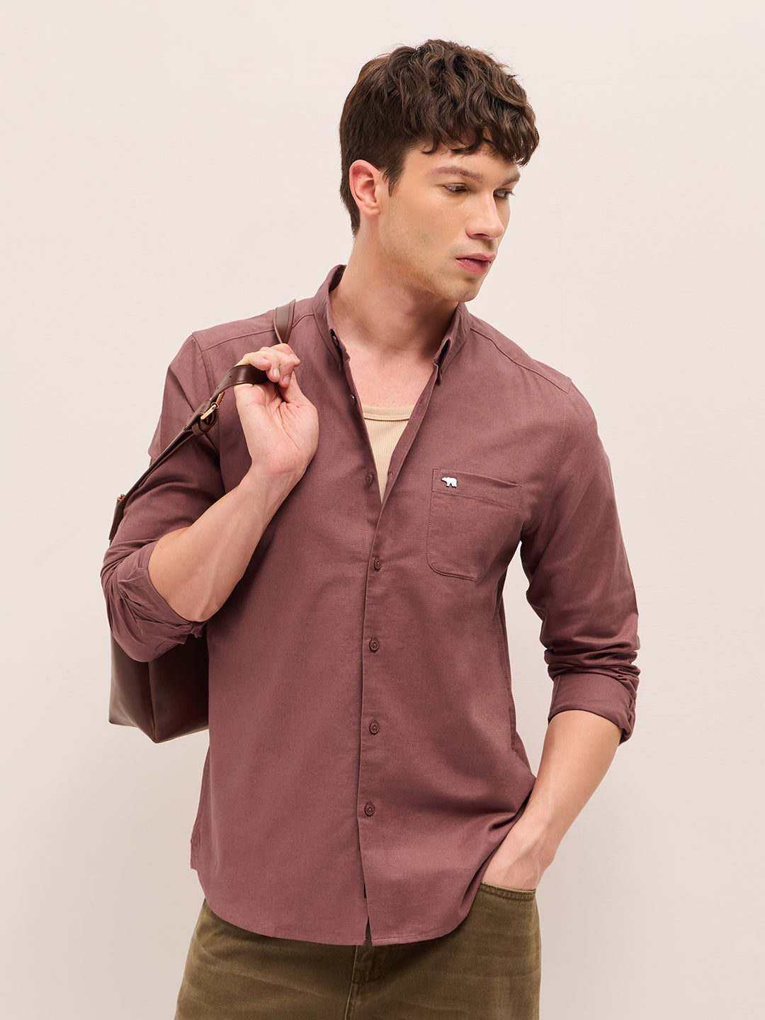 Rust Solid Cotton Slim Fit Casual Shirt with Button-Down Collar