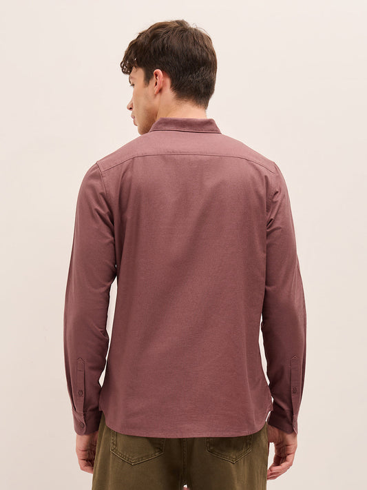 Rust Solid Cotton Slim Fit Casual Shirt with Button-Down Collar
