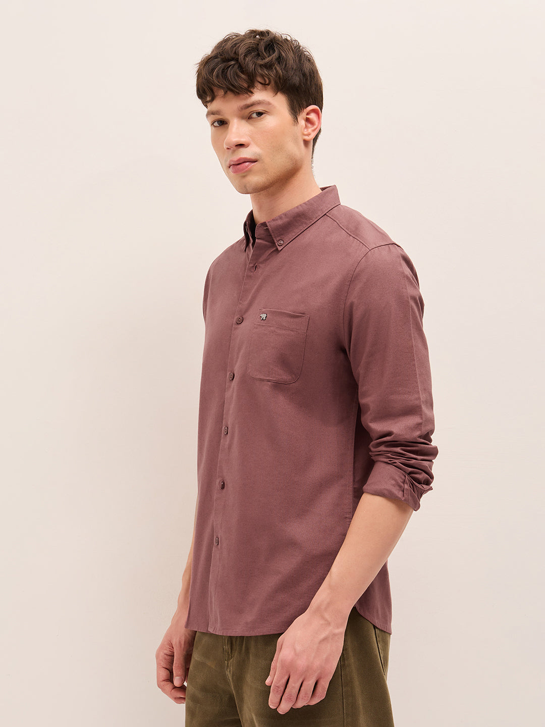 Rust Solid Cotton Slim Fit Casual Shirt with Button-Down Collar
