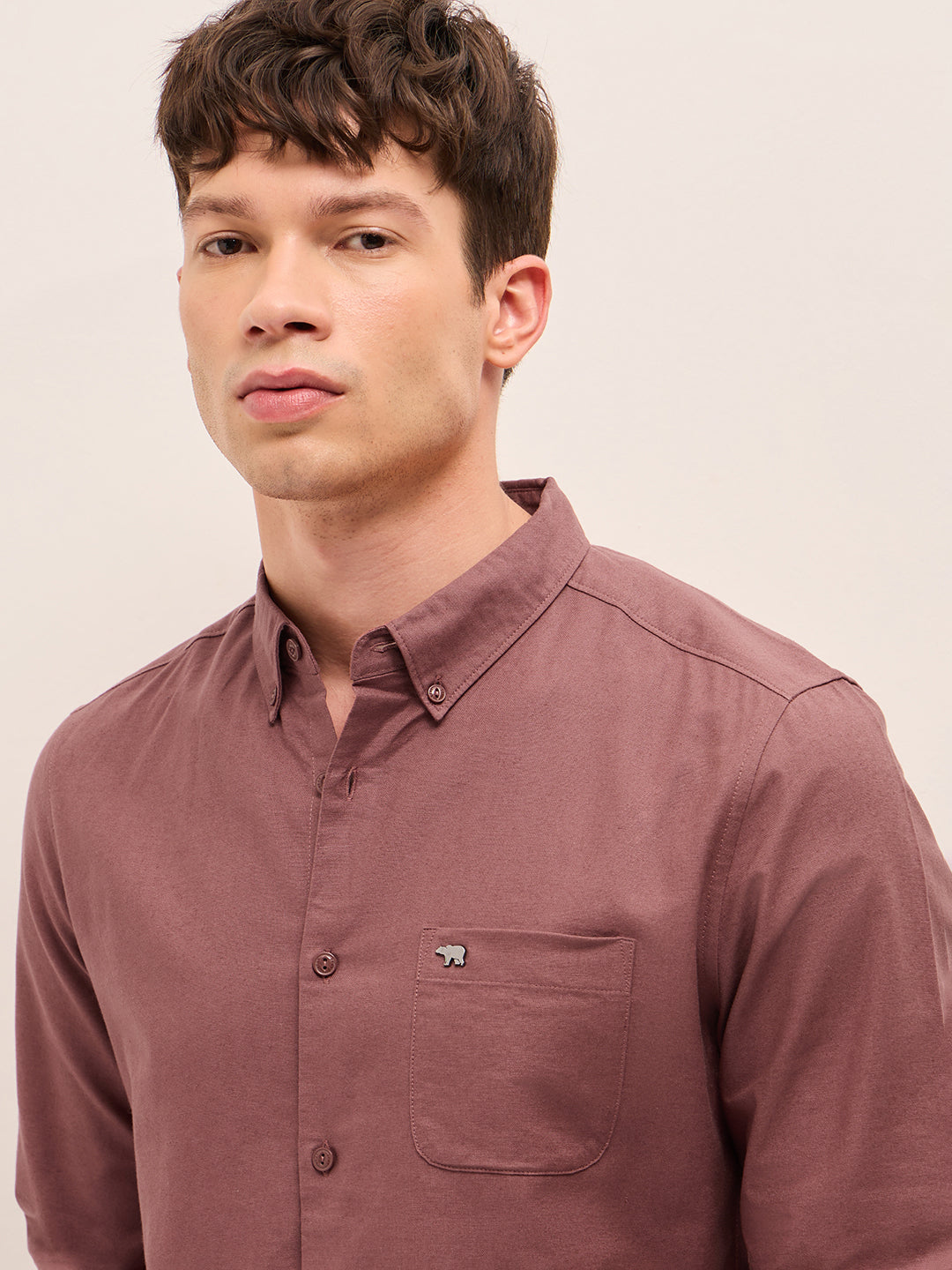 Rust Solid Cotton Slim Fit Casual Shirt with Button-Down Collar