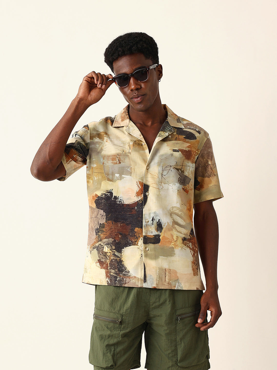 Multicolor Abstract Brushstroke Print Cuban Collar Relaxed Fit Casual Shirt
