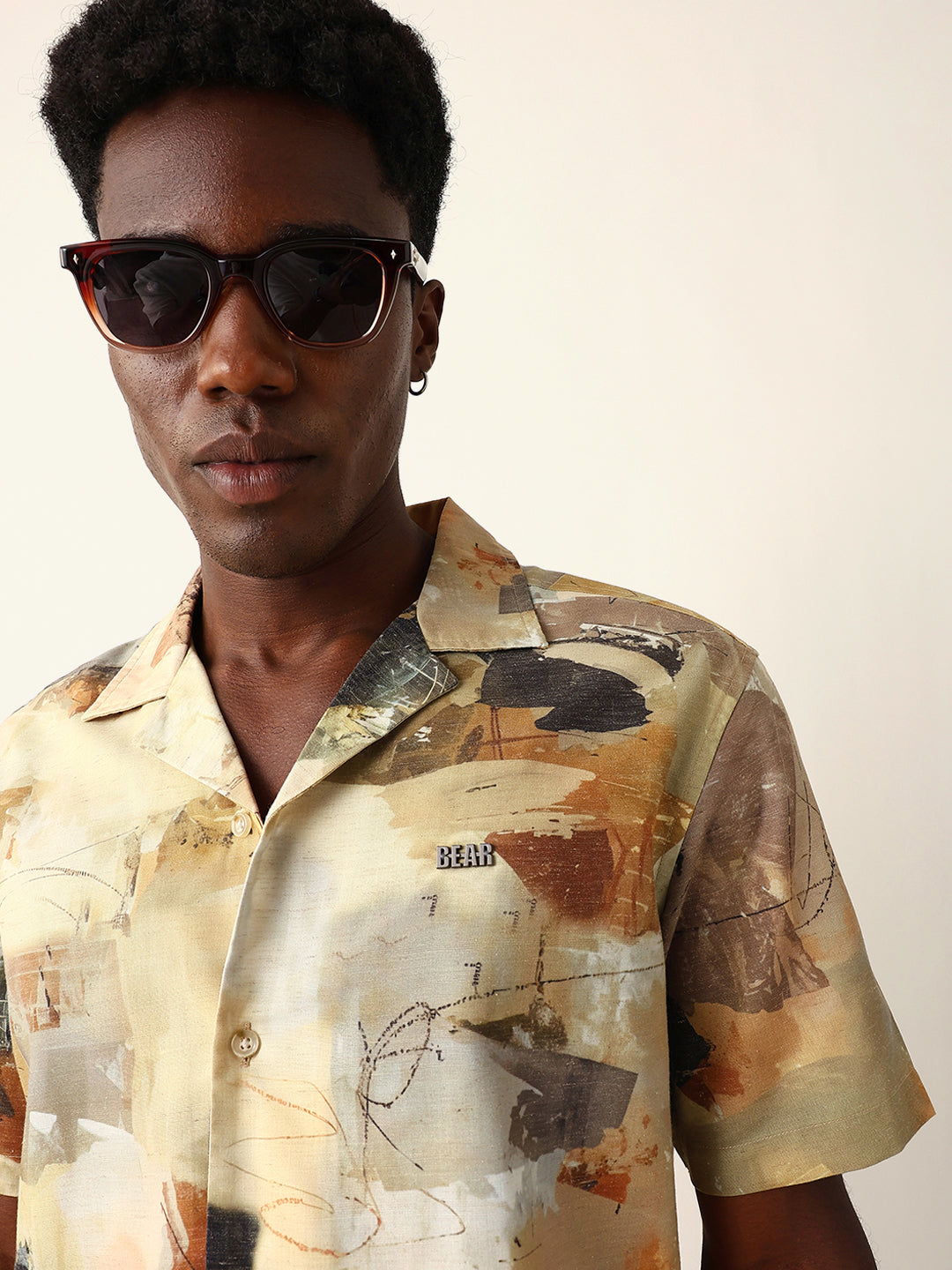 Multicolor Abstract Brushstroke Print Cuban Collar Relaxed Fit Casual Shirt