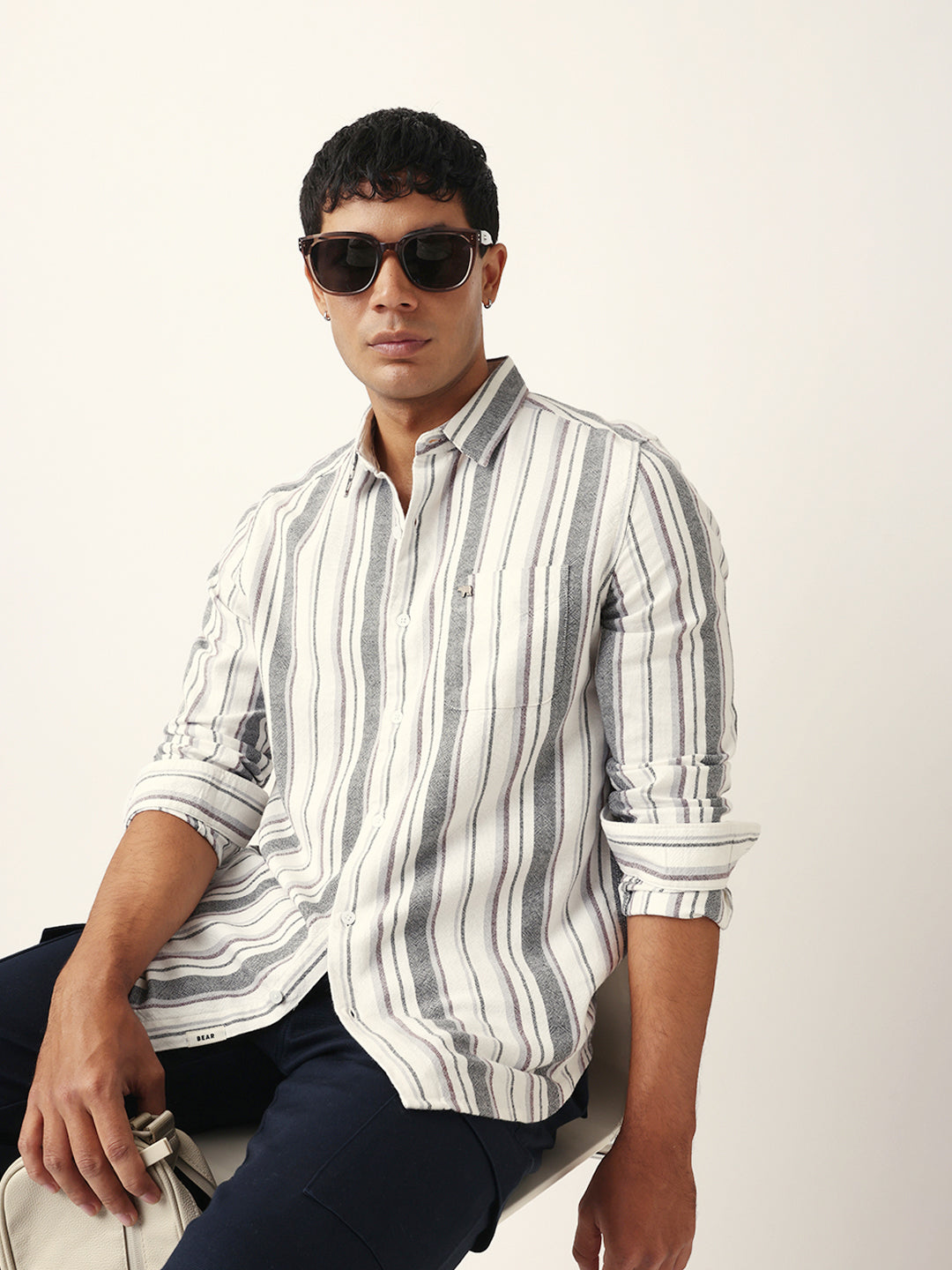 White Vertical Woven Stripe Slim Fit Casual Shirt