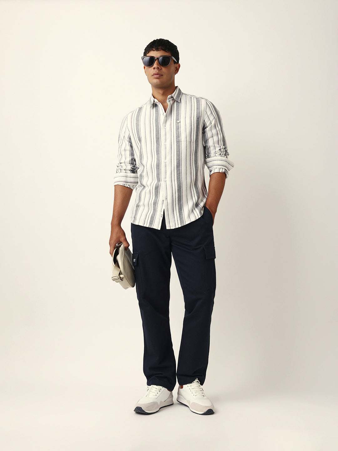 White Vertical Woven Stripe Slim Fit Casual Shirt