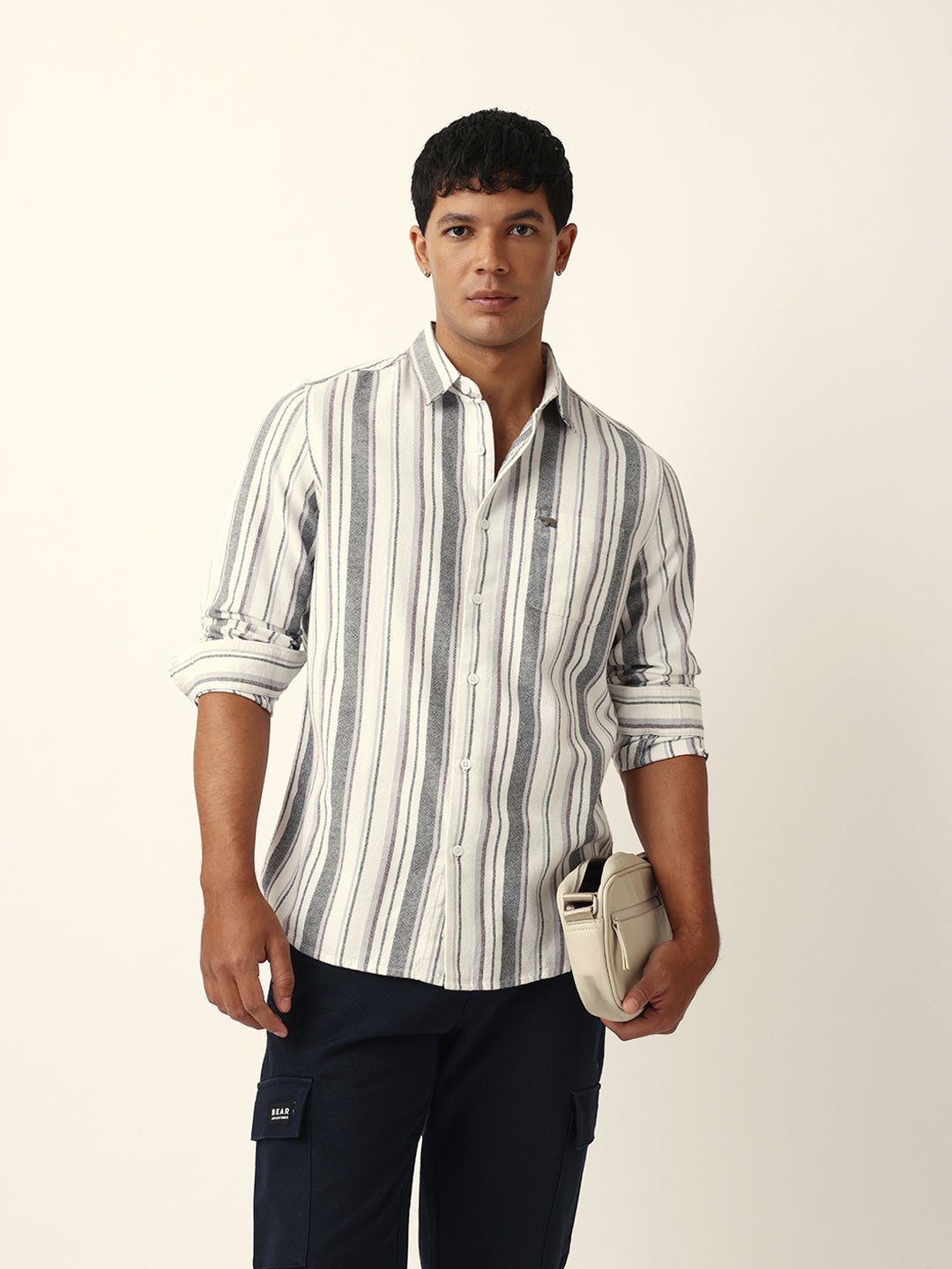 White Vertical Woven Stripe Slim Fit Casual Shirt