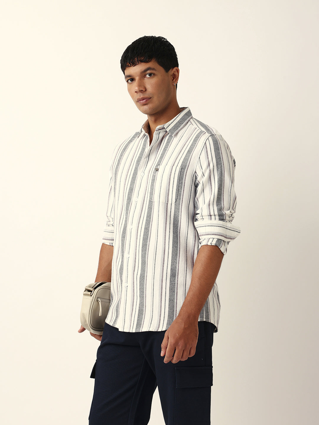 White Vertical Woven Stripe Slim Fit Casual Shirt