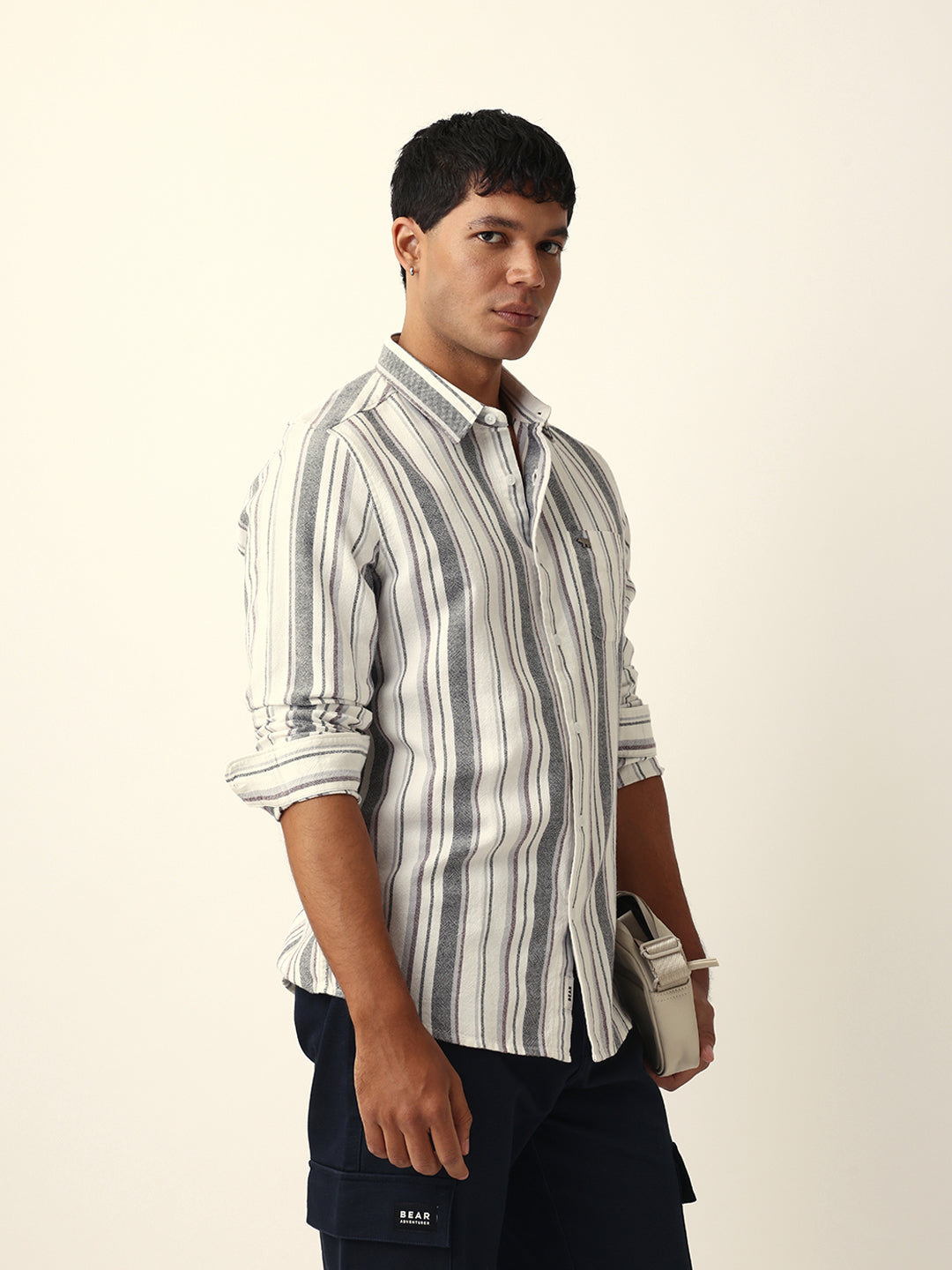 White Vertical Woven Stripe Slim Fit Casual Shirt