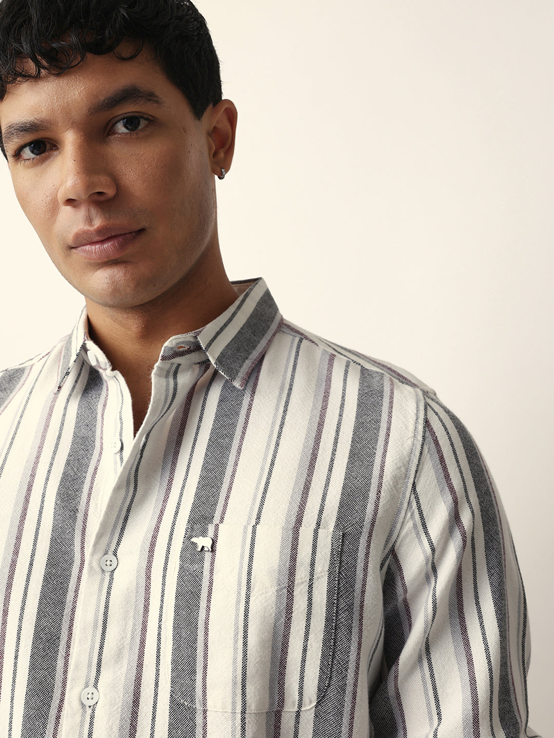 White Vertical Woven Stripe Slim Fit Casual Shirt