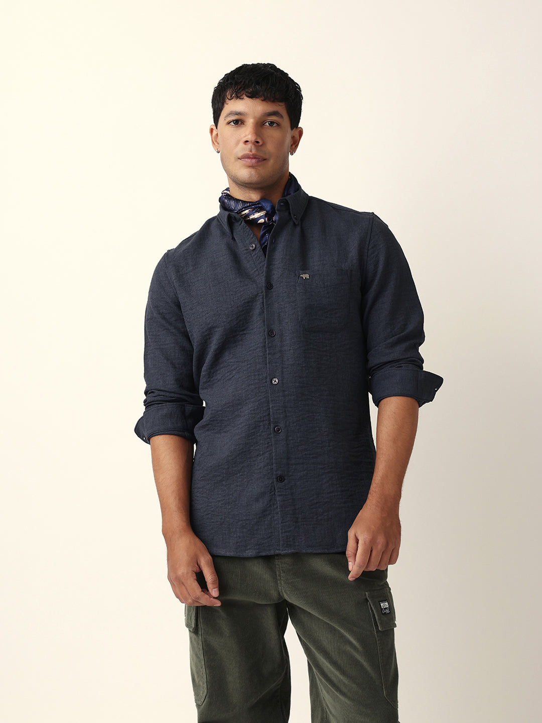 Charcoal Grey Slim Fit Casual Shirt with Woven Textured Design