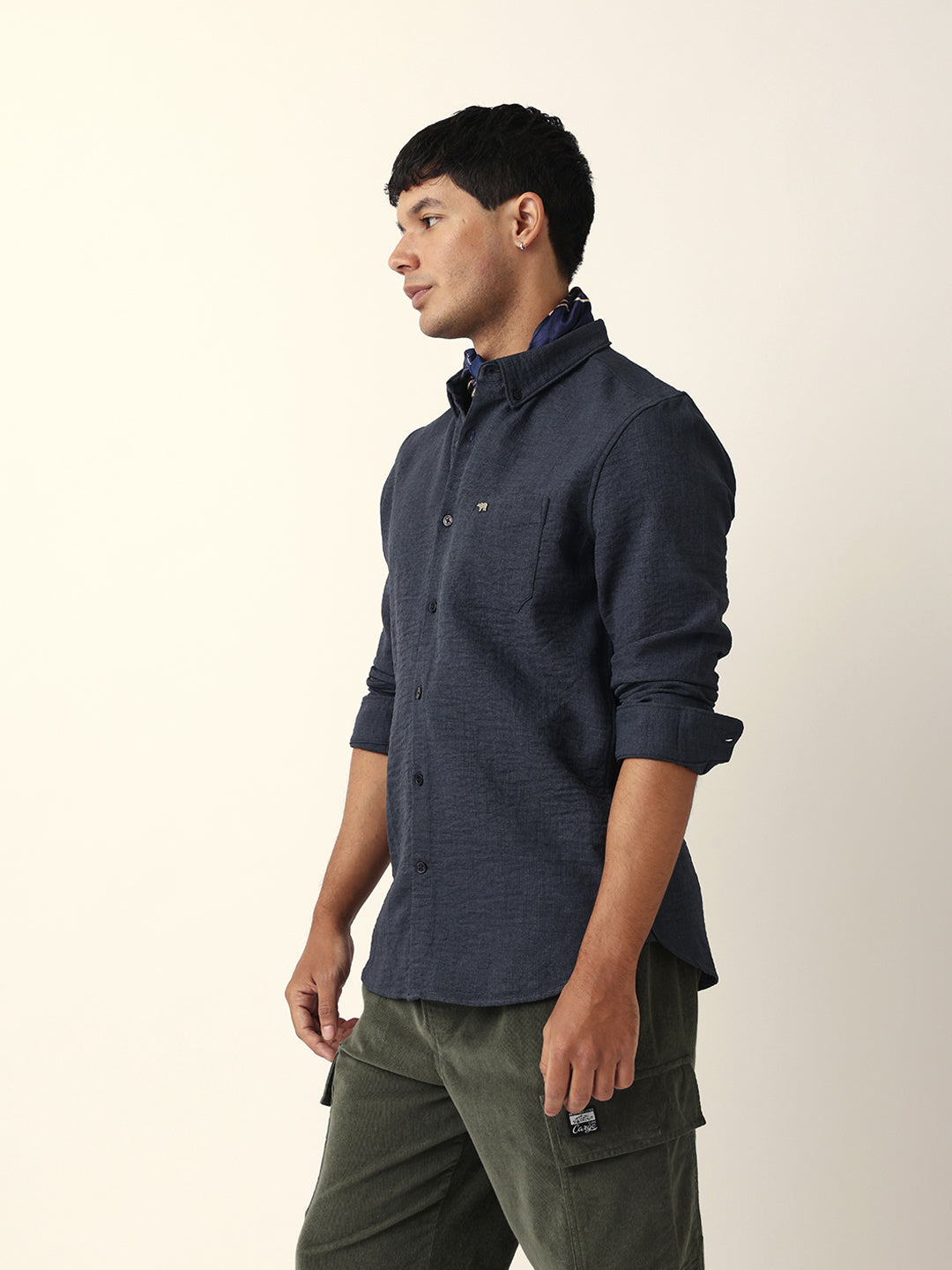 Charcoal Grey Slim Fit Casual Shirt with Woven Textured Design