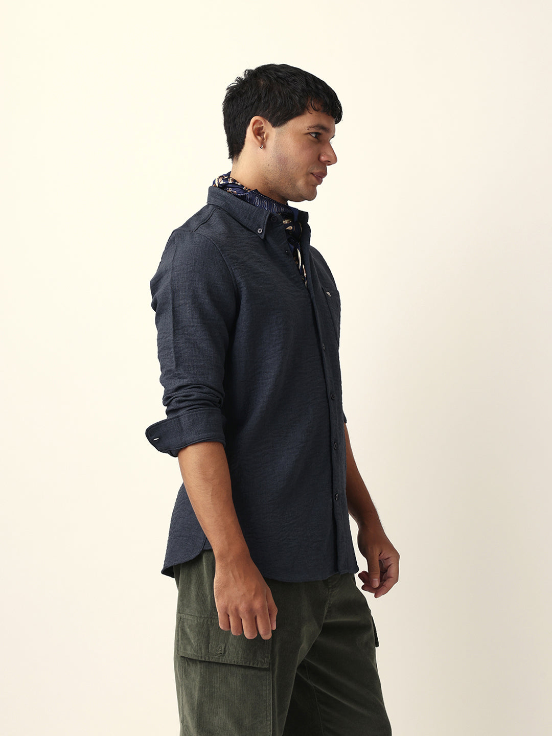 Charcoal Grey Slim Fit Casual Shirt with Woven Textured Design