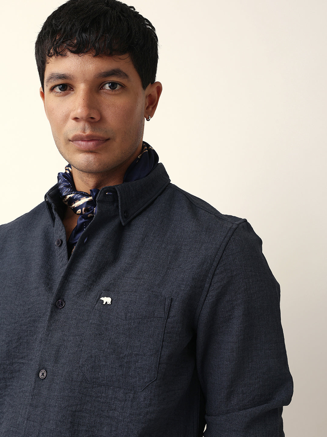 Charcoal Grey Slim Fit Casual Shirt with Woven Textured Design