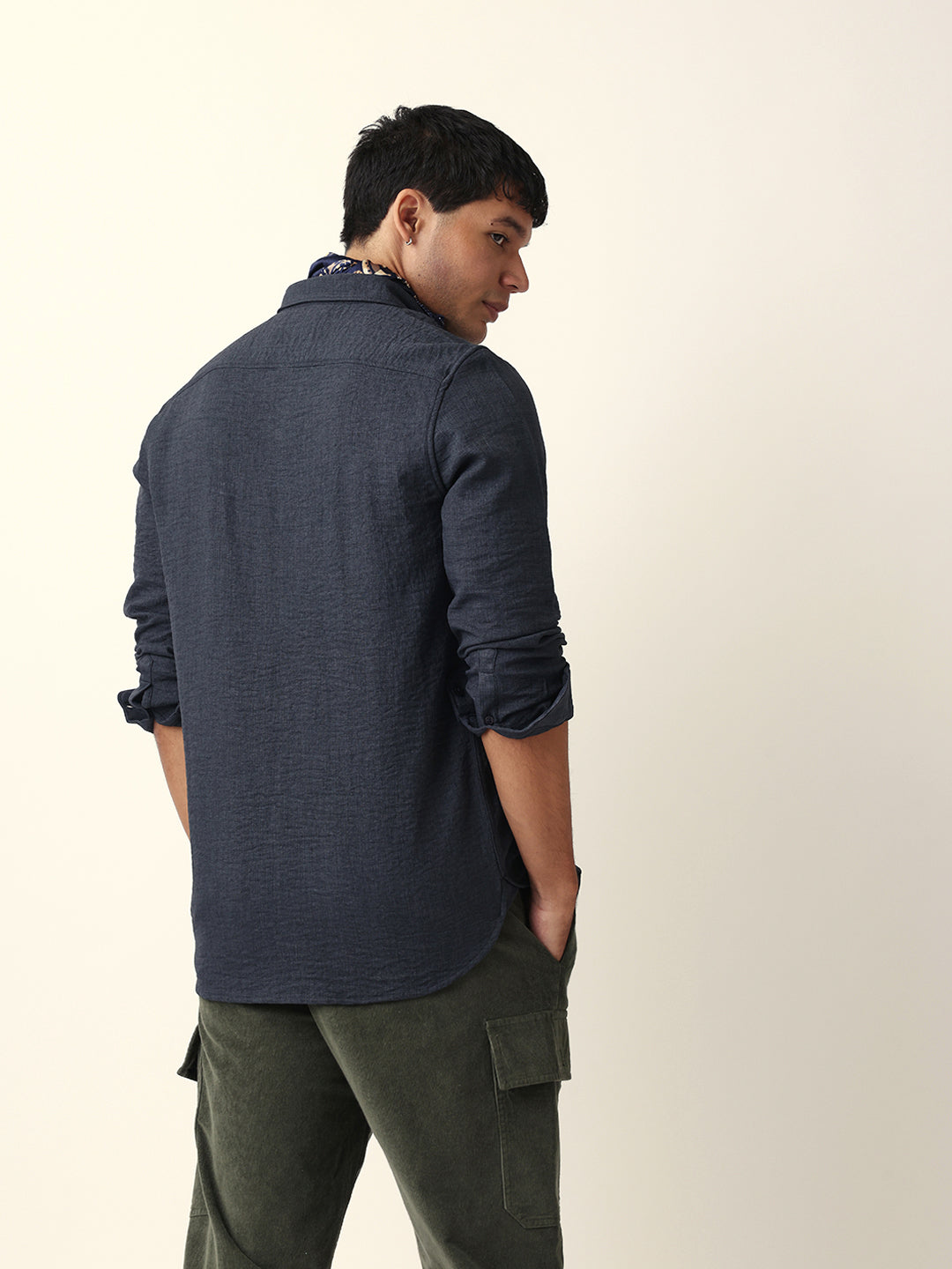 Charcoal Grey Slim Fit Casual Shirt with Woven Textured Design