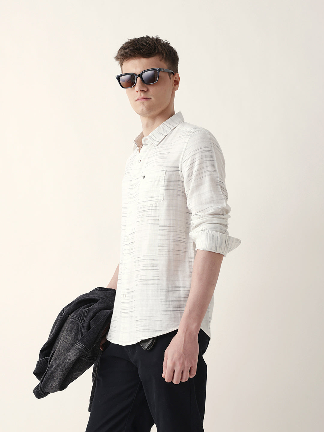 White Woven Patch Block Check Slim Fit Casual Shirt