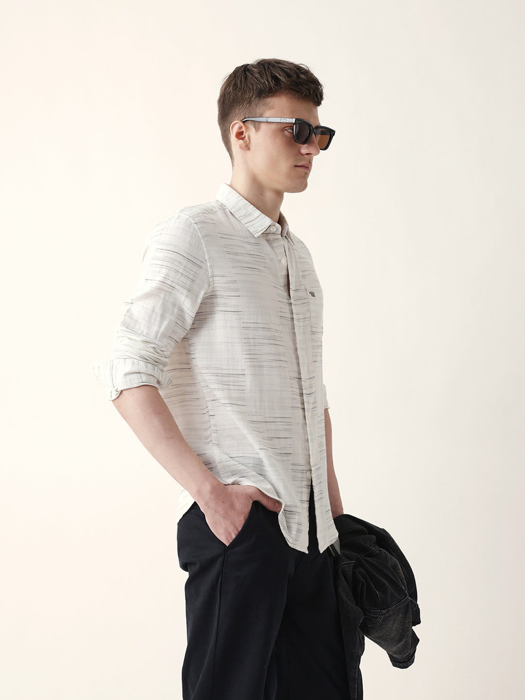 White Woven Patch Block Check Slim Fit Casual Shirt