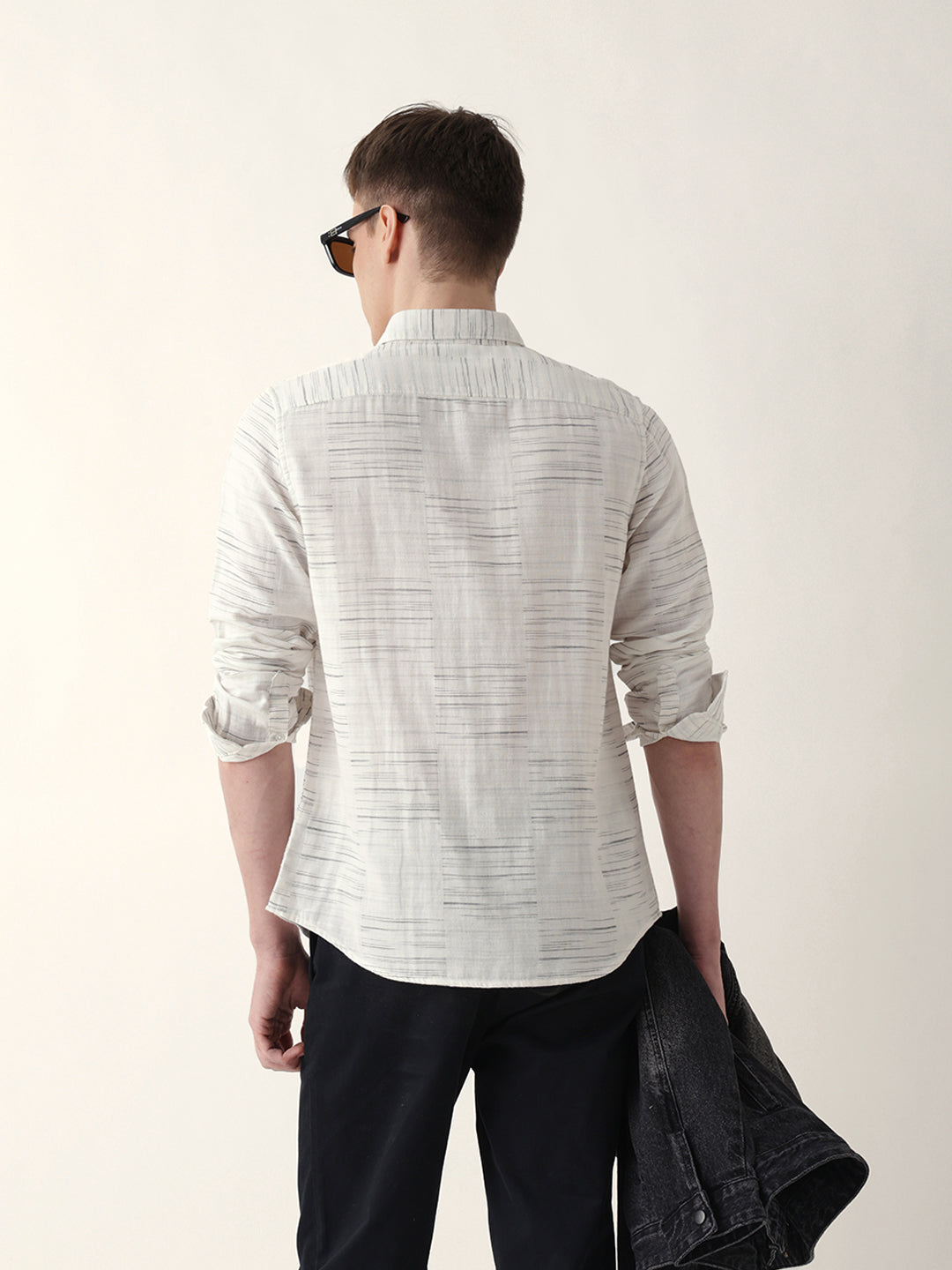 White Woven Patch Block Check Slim Fit Casual Shirt