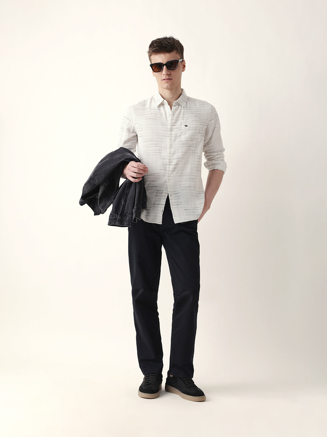 White Woven Patch Block Check Slim Fit Casual Shirt