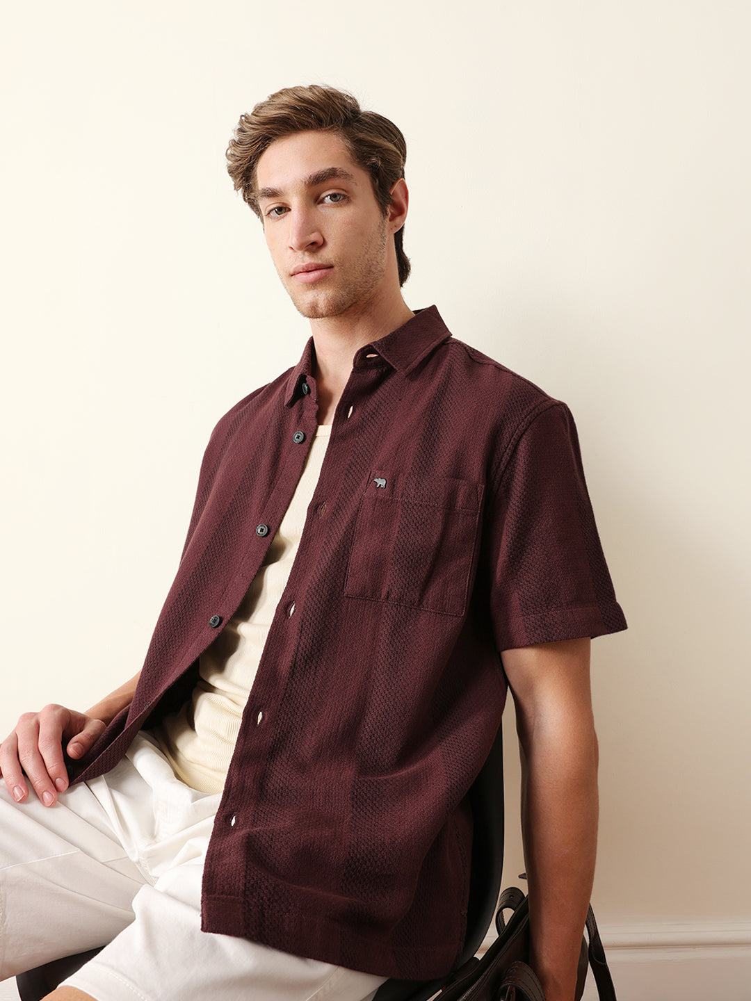 Maroon Relaxed Fit Casual Half Sleeve Shirt with Textured Vertical Stripes
