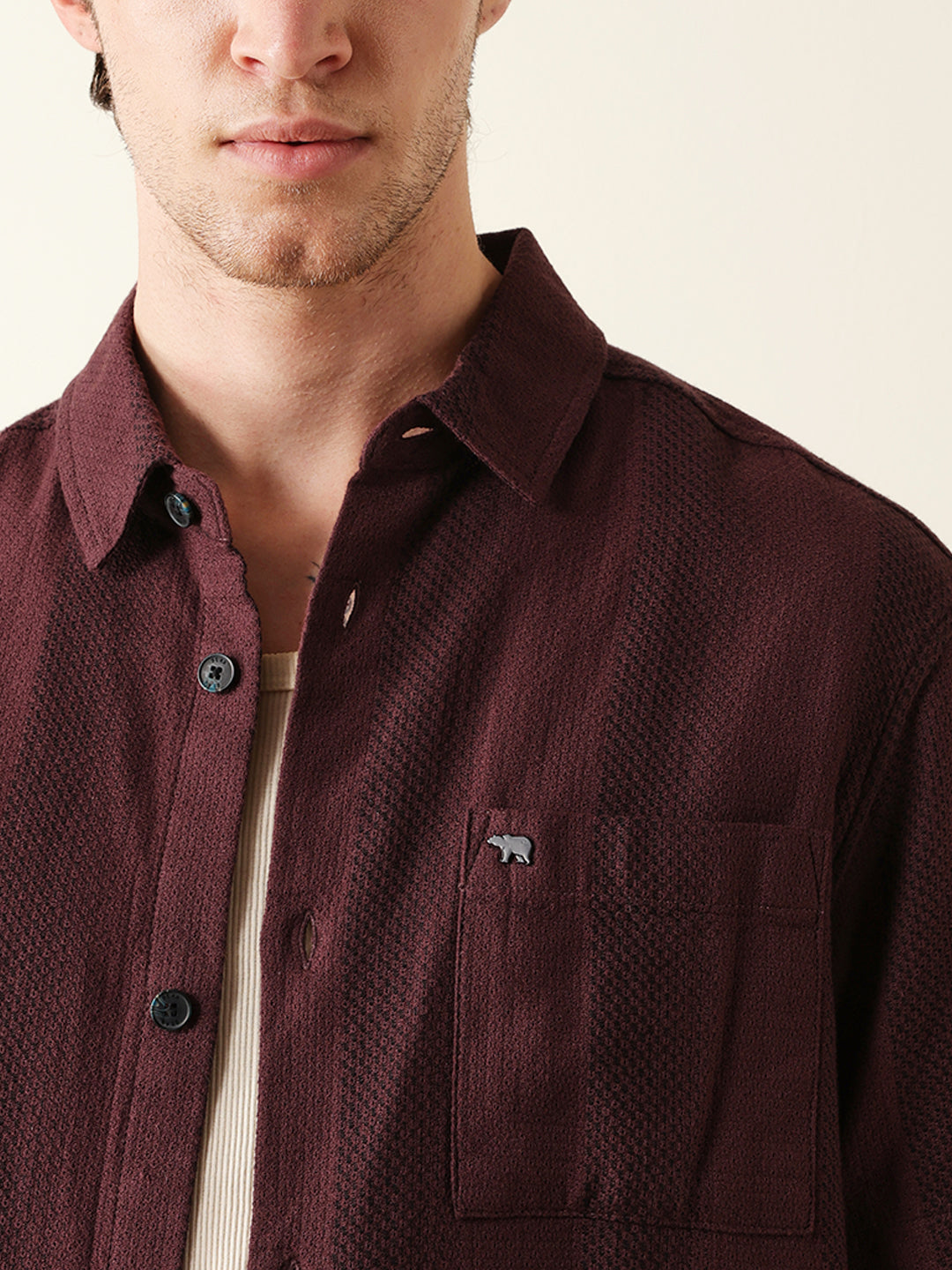 Maroon Relaxed Fit Casual Half Sleeve Shirt with Textured Vertical Stripes