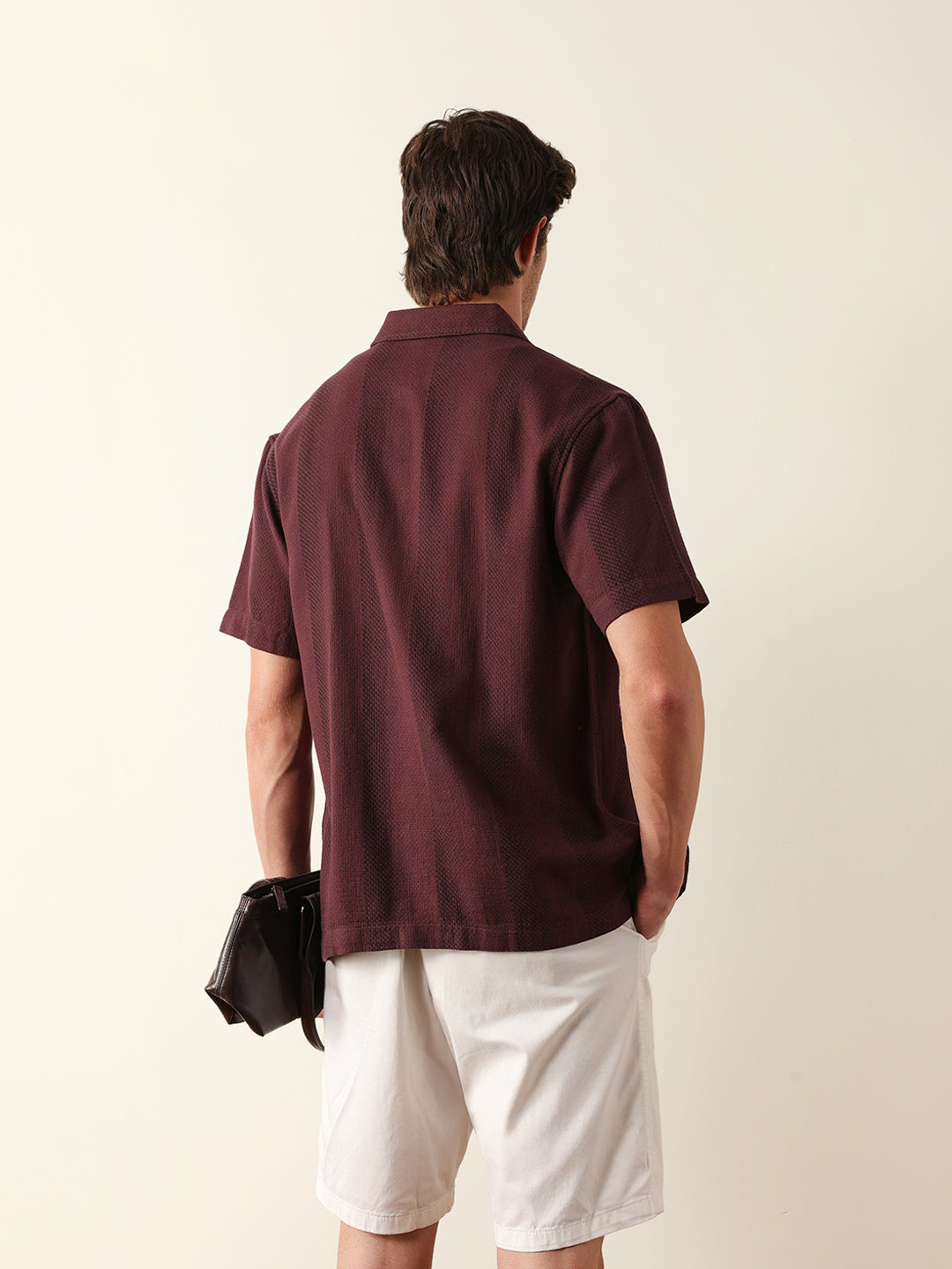 Maroon Relaxed Fit Casual Half Sleeve Shirt with Textured Vertical Stripes