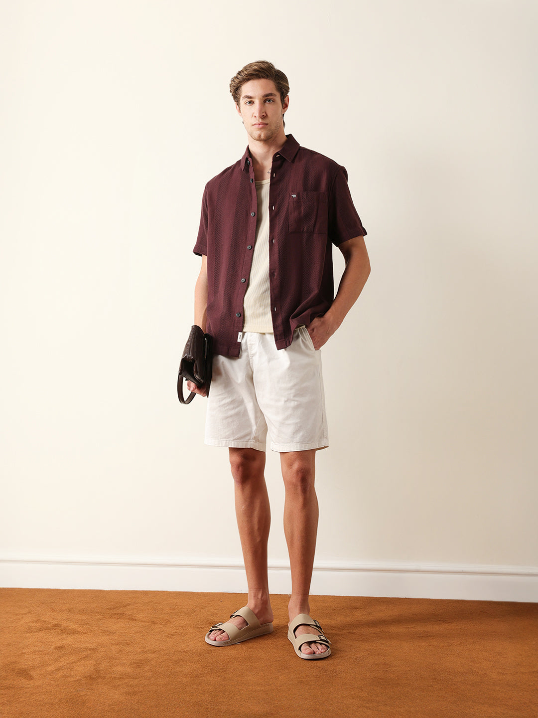 Maroon Relaxed Fit Casual Half Sleeve Shirt with Textured Vertical Stripes