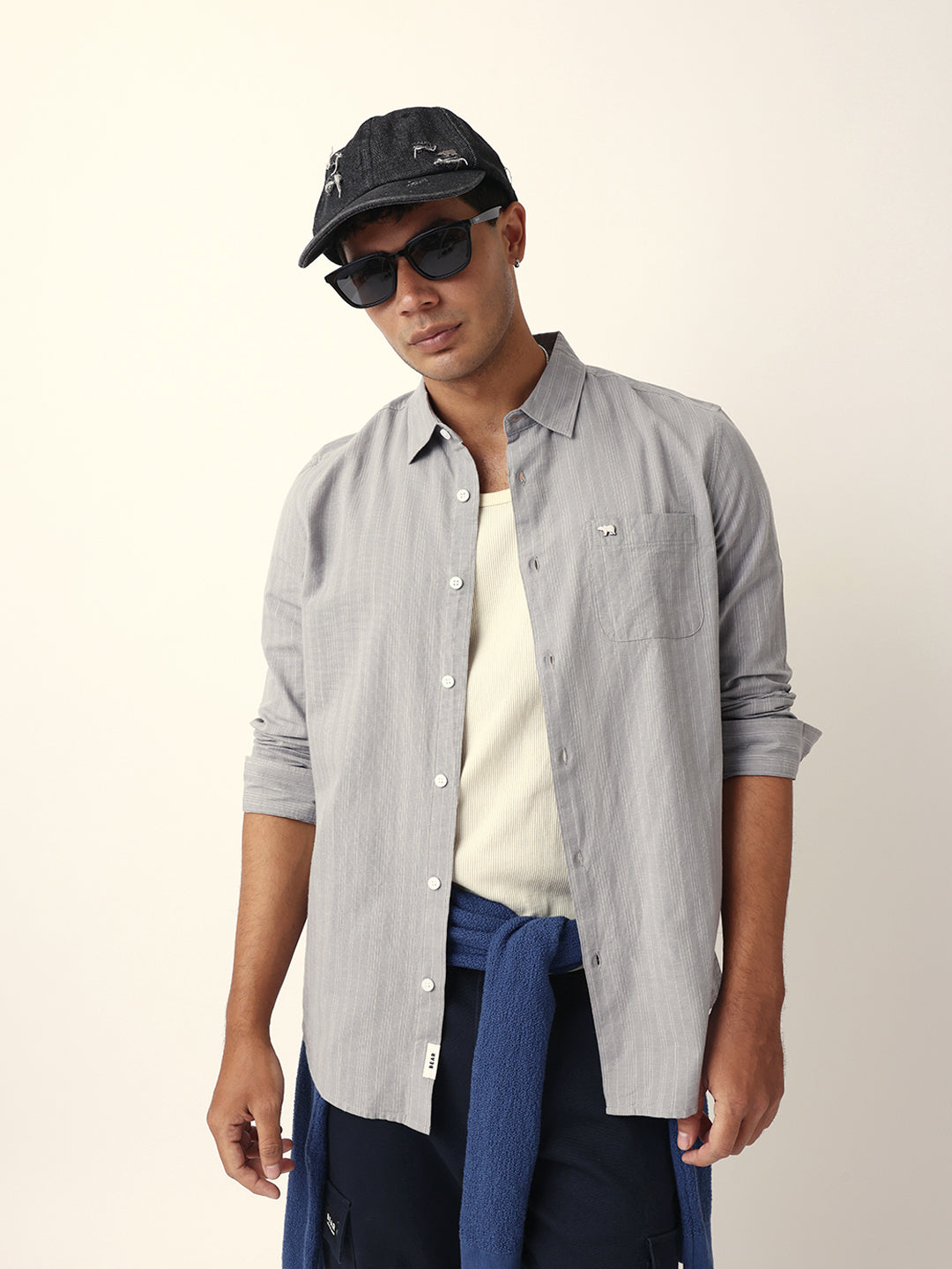 Grey Woven Vertical Pinstripes Slim Fit Casual Shirt