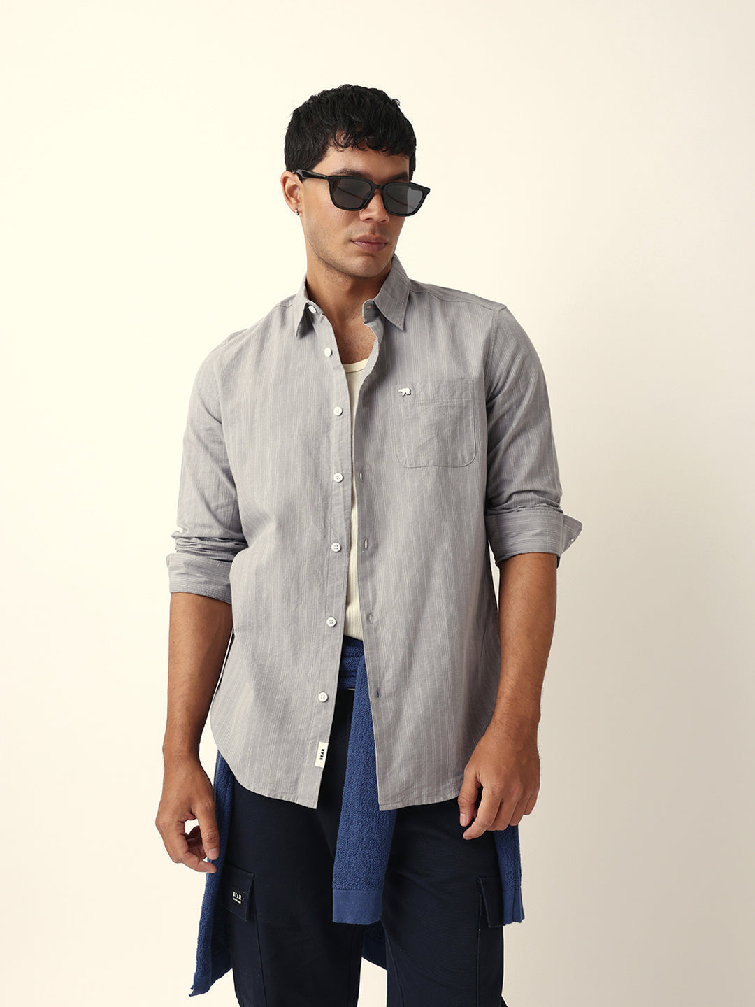 Grey Woven Vertical Pinstripes Slim Fit Casual Shirt