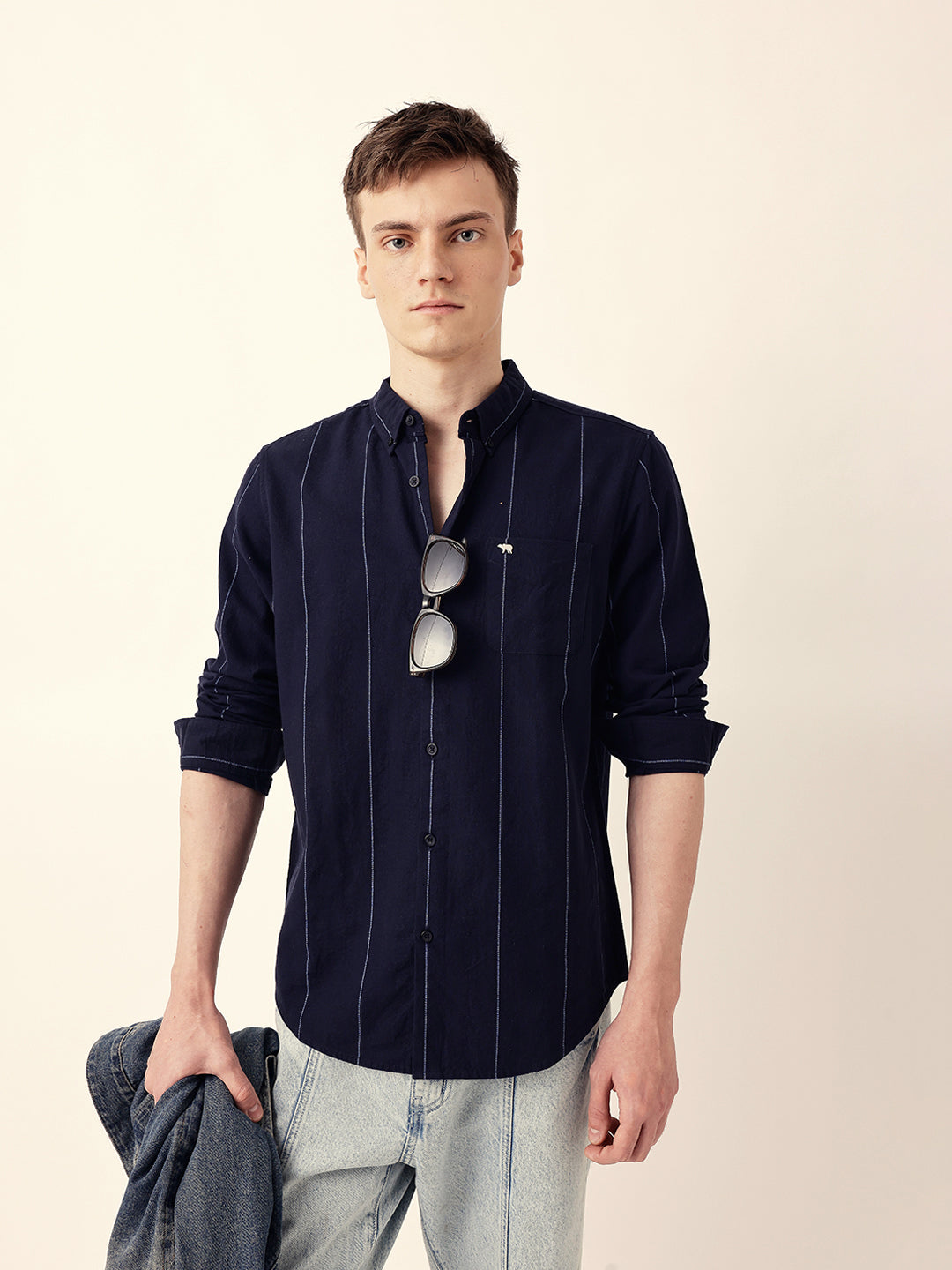 Navy Blue Woven Vertical Stripes Slim Fit Casual Shirt