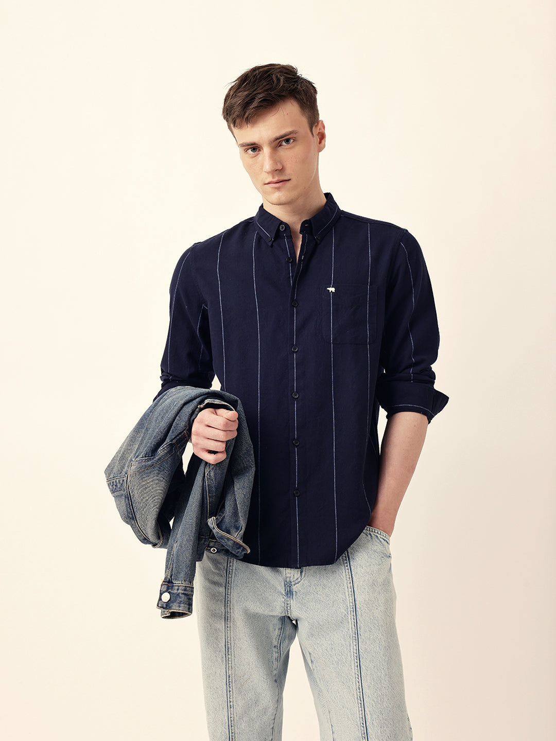 Navy Blue Woven Vertical Stripes Slim Fit Casual Shirt