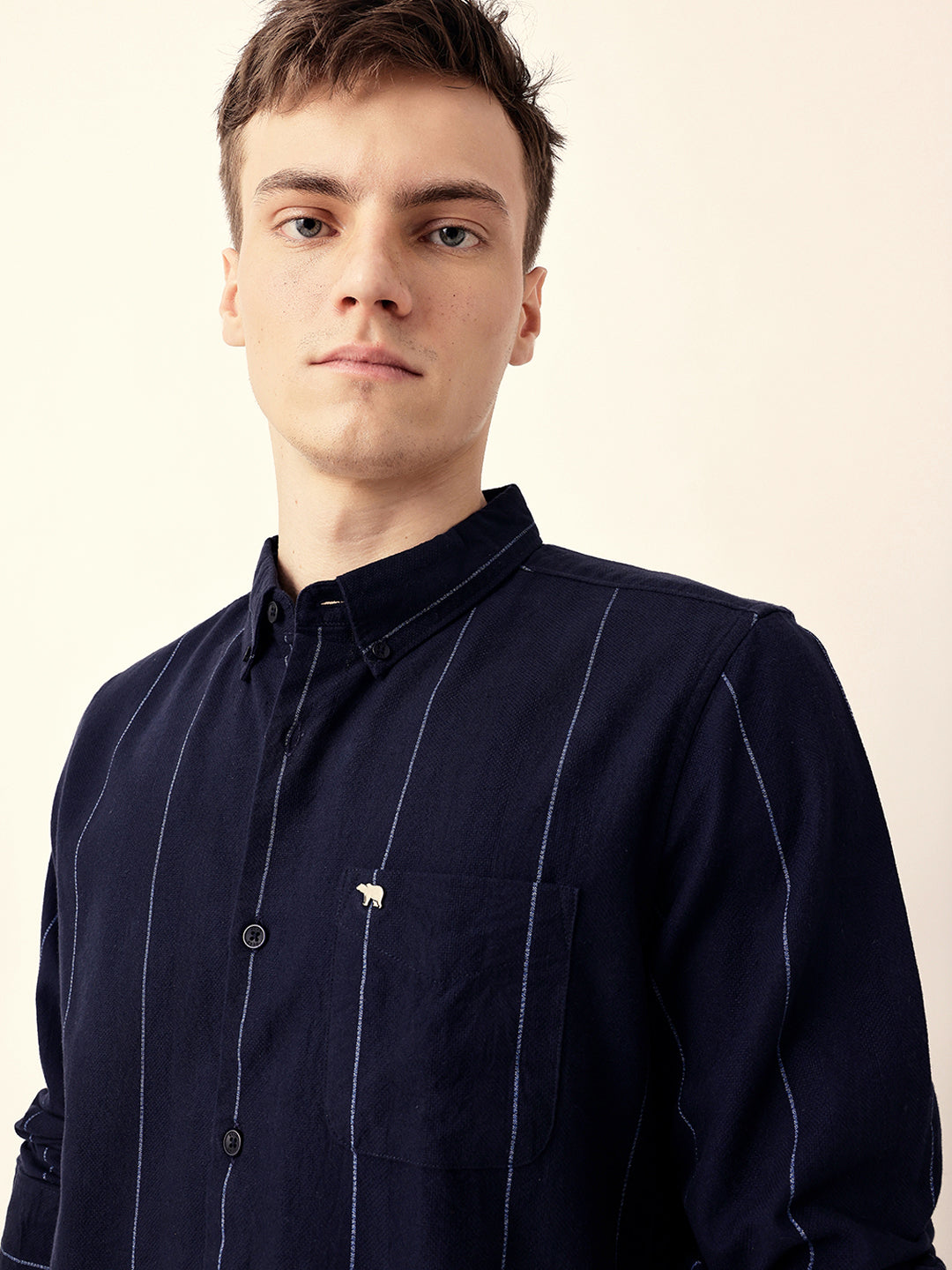 Navy Blue Woven Vertical Stripes Slim Fit Casual Shirt