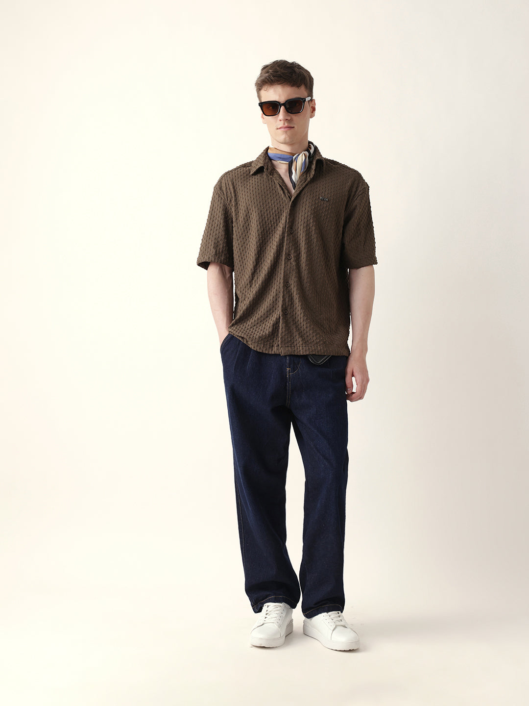 Brown Textured Woven Oversized Fit Half Sleeve Casual Shirt