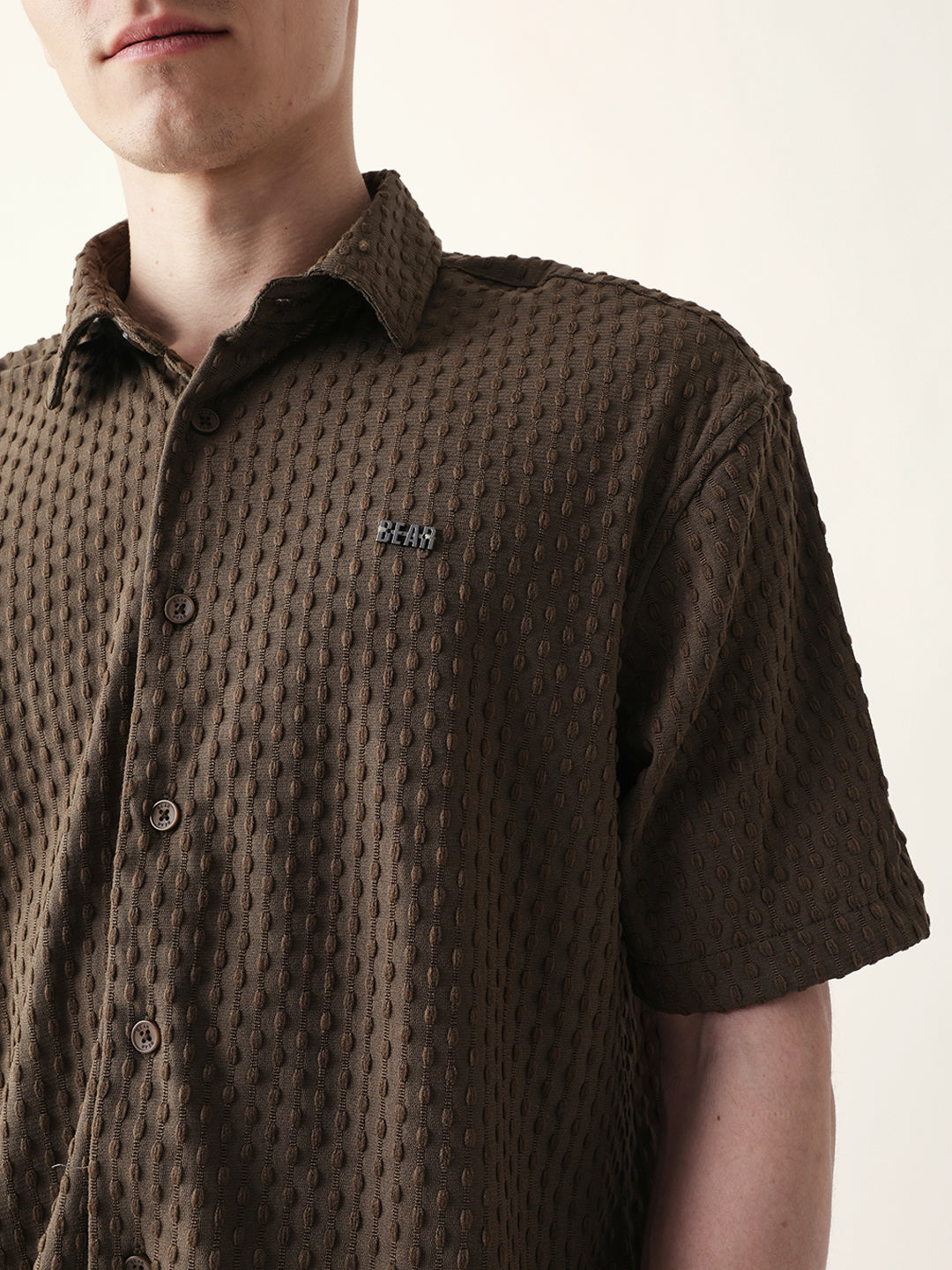 Brown Textured Woven Oversized Fit Half Sleeve Casual Shirt