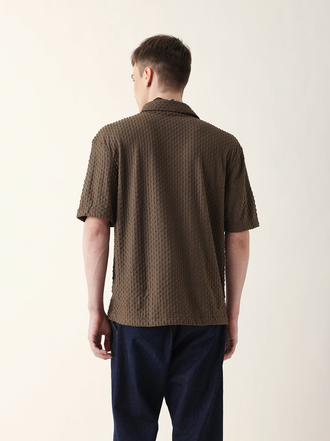 Brown Textured Woven Oversized Fit Half Sleeve Casual Shirt