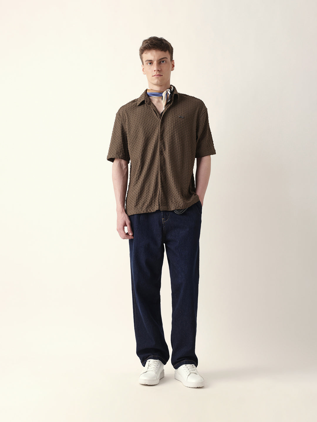 Brown Textured Woven Oversized Fit Half Sleeve Casual Shirt
