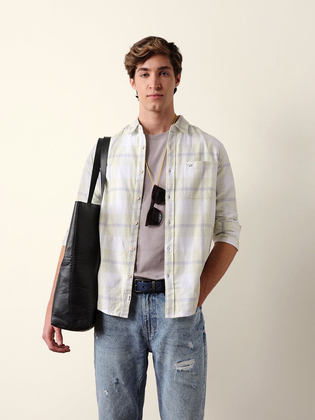 Light Green & Grey Checked Flannel Regular Fit Casual Shirt